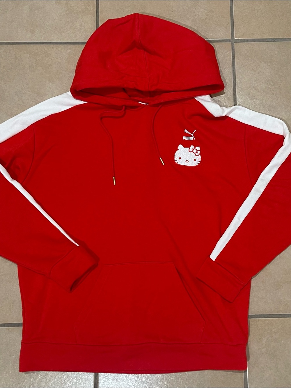 Puma x Hello Kitty Red Hoodie with White Stripe and Character Graphic
